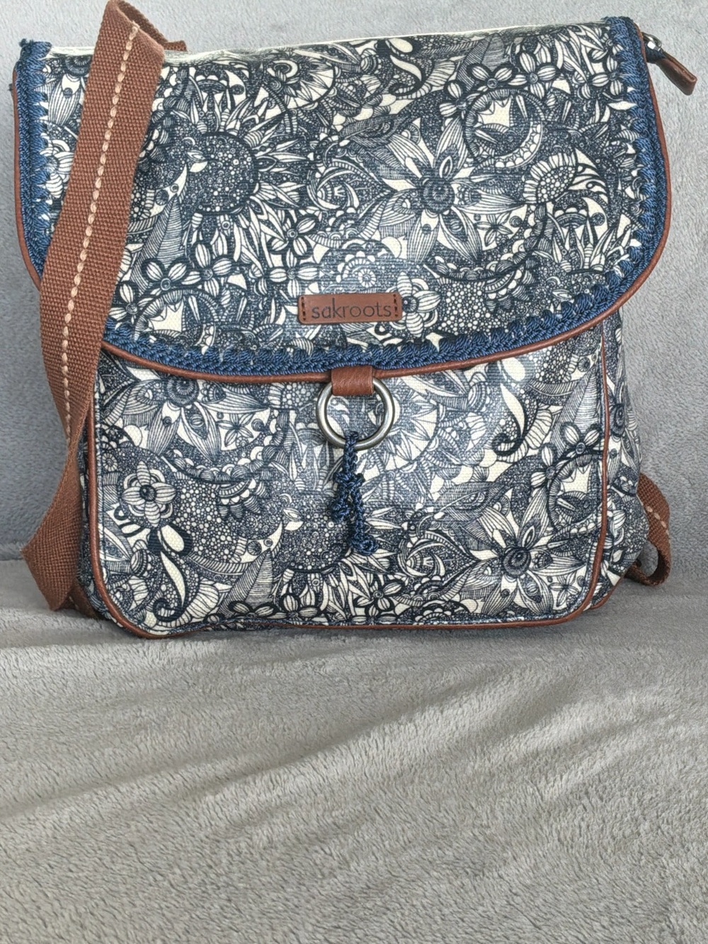 Sakroots Navy Floral Crossbody Bag with Brown Trim